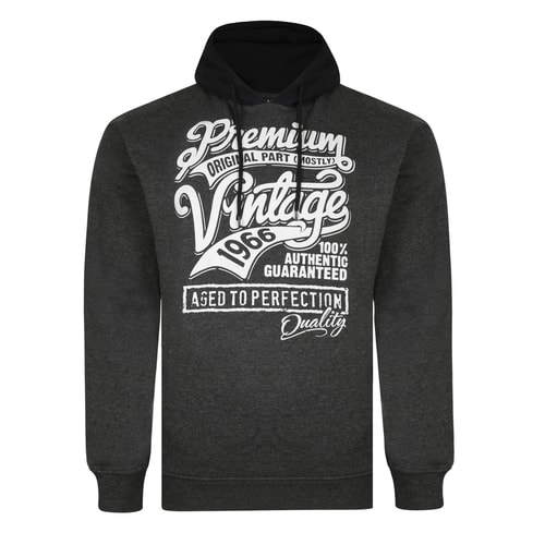 Bigdude 'Premium Vintage' Print Hoody With Contrast Hood Charcoal